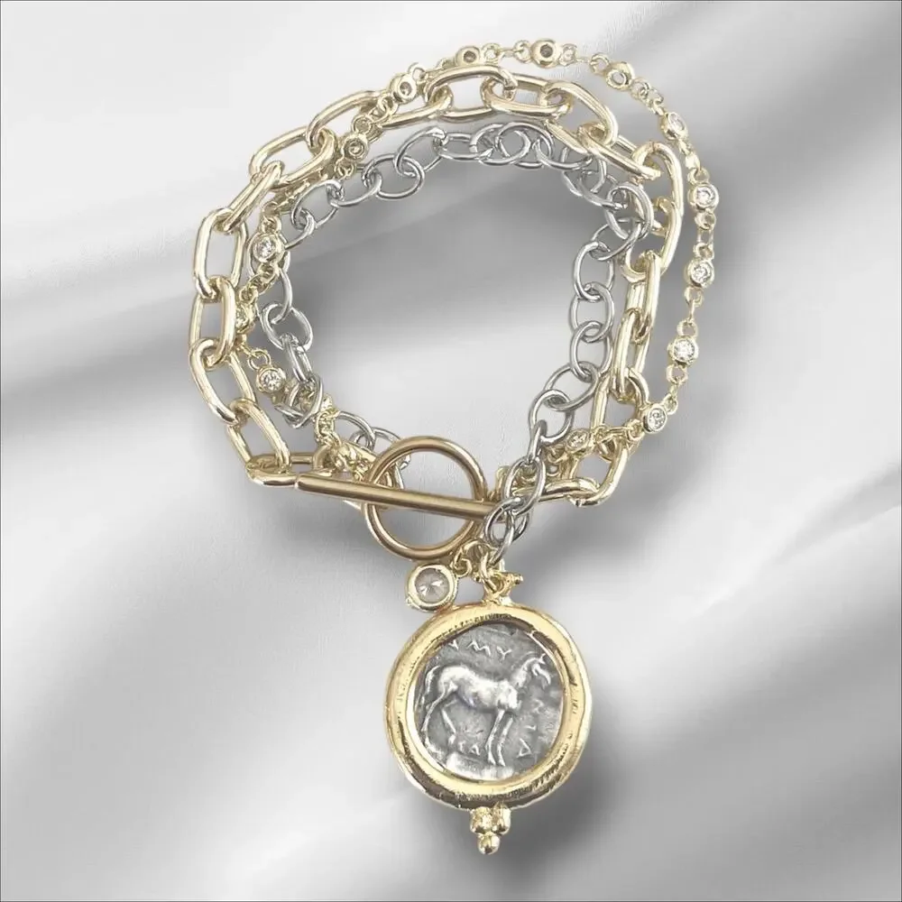 Triple Layer Greek Coin Bracelet, Horse Coin Charm, Mixed Metal Bracelet - Picture 8 of 9